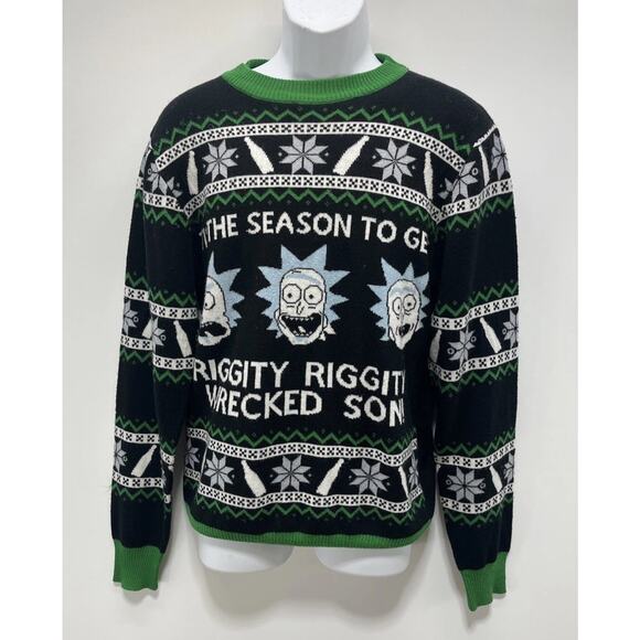 RICK AND MORTY MENS XL UGLY CHRISTMAS SWEATER RIGGITY WRECKED GRAPHIC BLACK - Picture 1 of 6